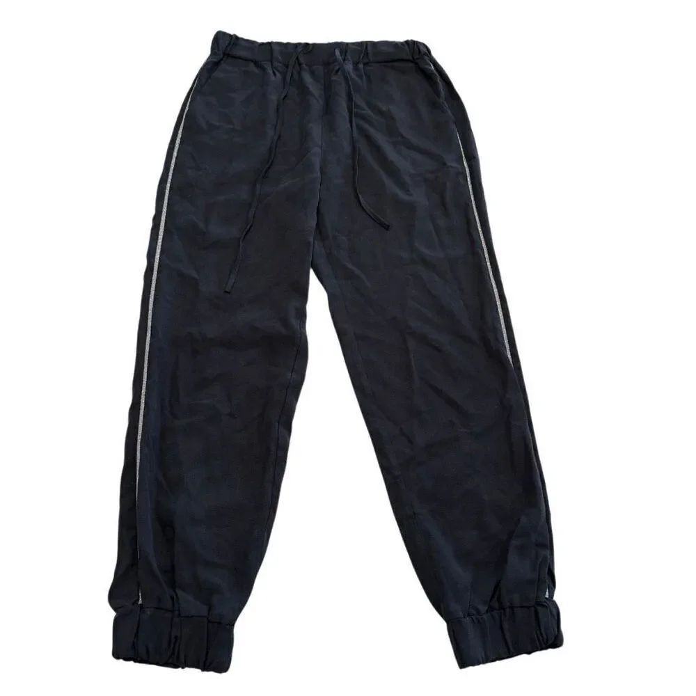 ZARA Silver Metallic Side Stripe Elastic Waistband Tencel Jogger Black Pants XS